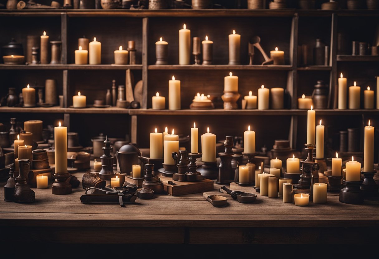 A table with various candle molds, tools, and materials for candle making. A bookshelf filled with historical references on candle making