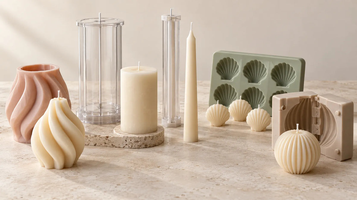 Different types of candle molds including flexible silicone rigid pillar taper and multi-cavity molds