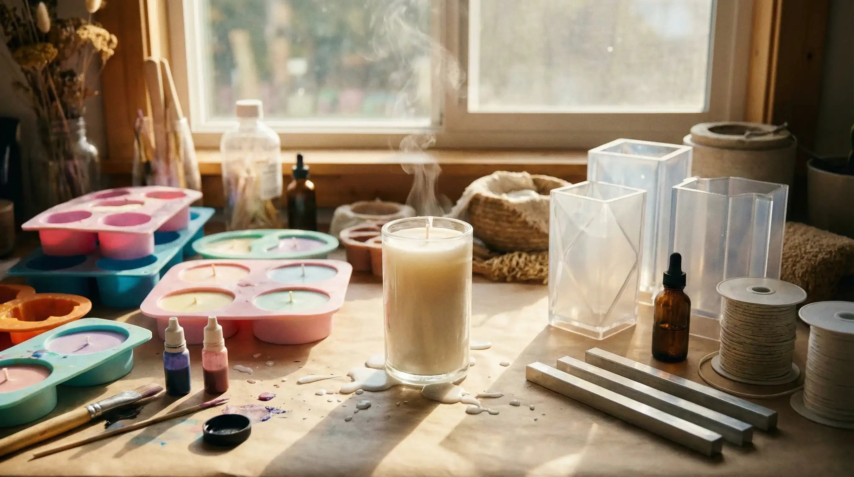 The wide shot of the aesthetic, sunlit workbench with smoke rising from a candle.