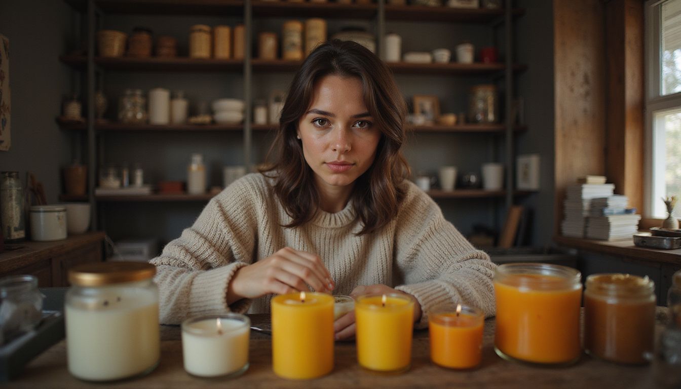 A woman examines various types of candle wax in a cozy room.