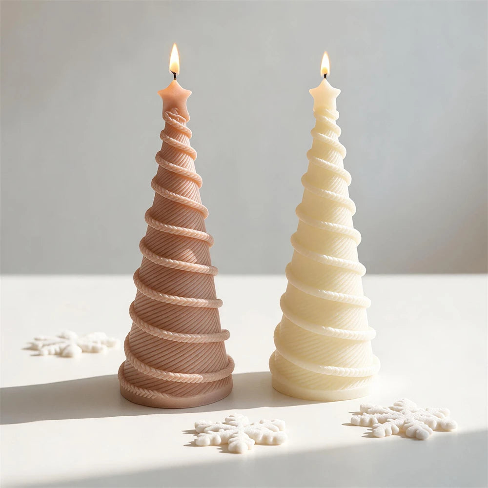 Spiral rope Christmas tree candles in beige and pastel green