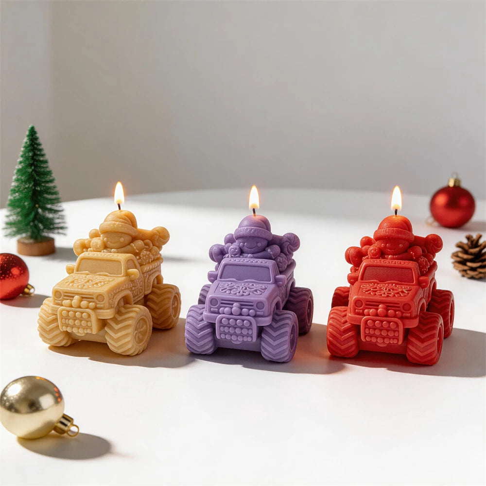 Festive off-road car candles displayed with Christmas ornaments