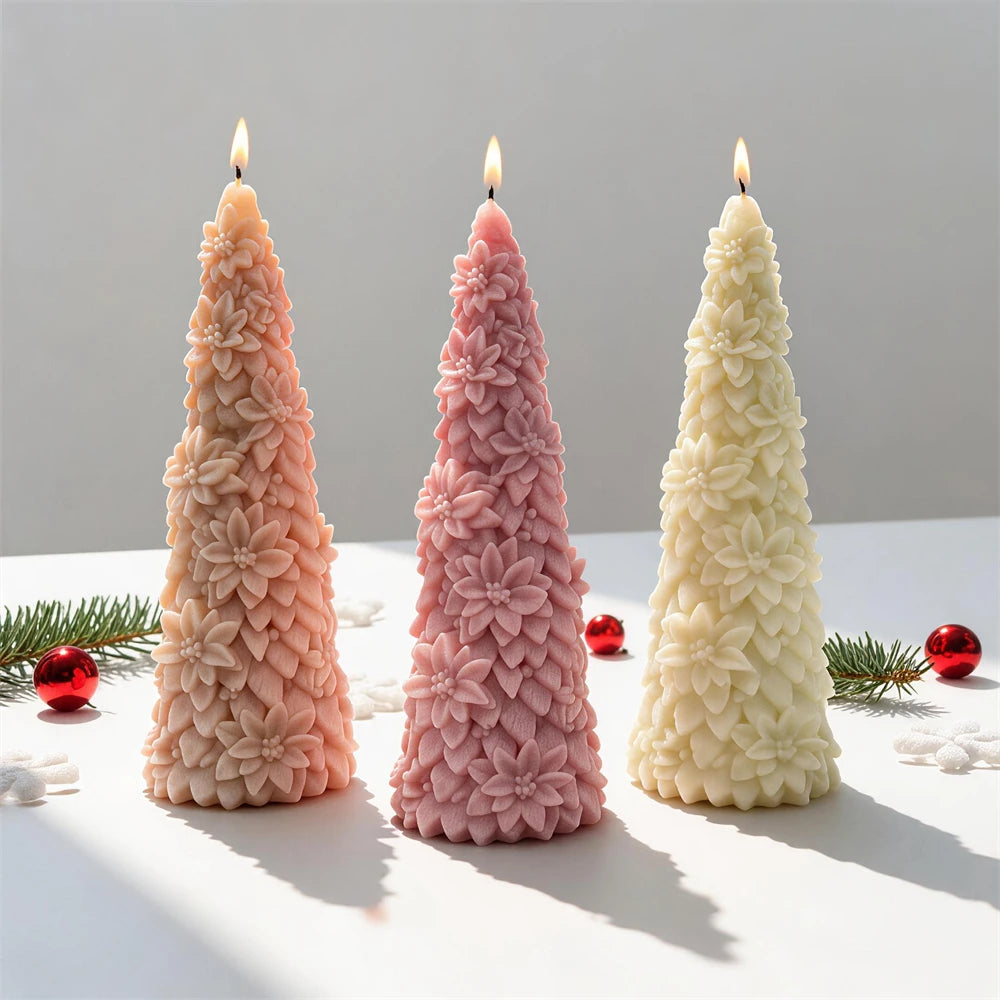 Pink, cream and brown poinsettia flower Christmas tree candles