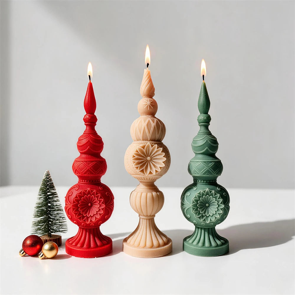Tall geometric Christmas finial candle with carved patterns