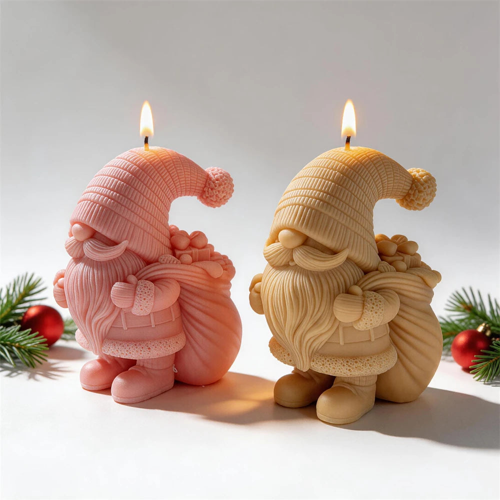 Festive gnome candles with pom-pom hats and present-filled sacks
