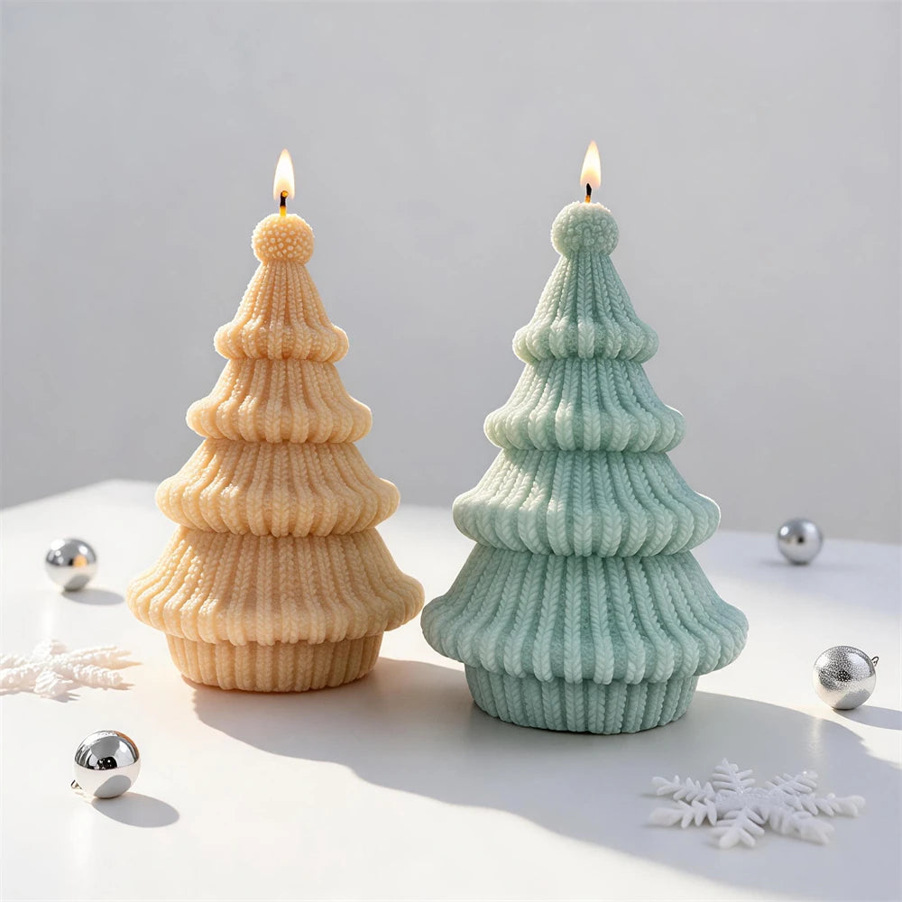 Ribbed-knit Christmas tree candle with pom-pom-style topper