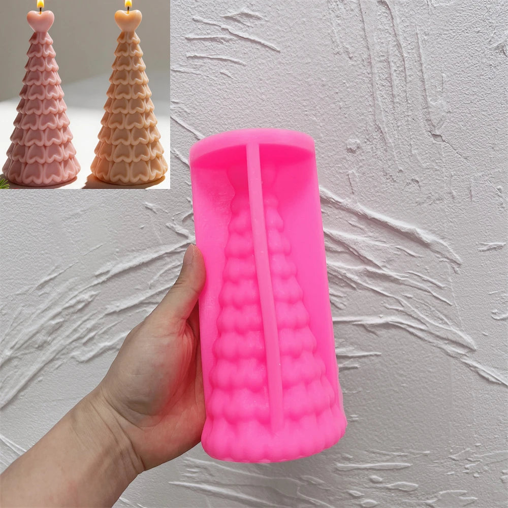 Pink silicone mold for creating a layered Christmas tree candle