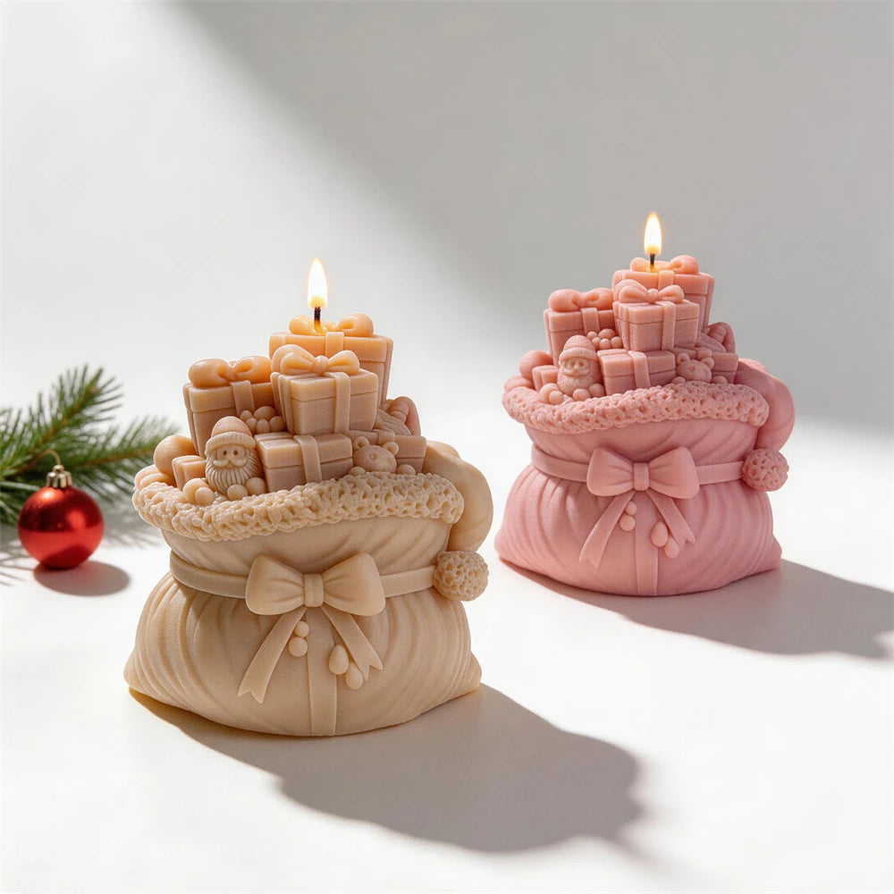 Santa gift sack candles filled with wrapped Christmas presents