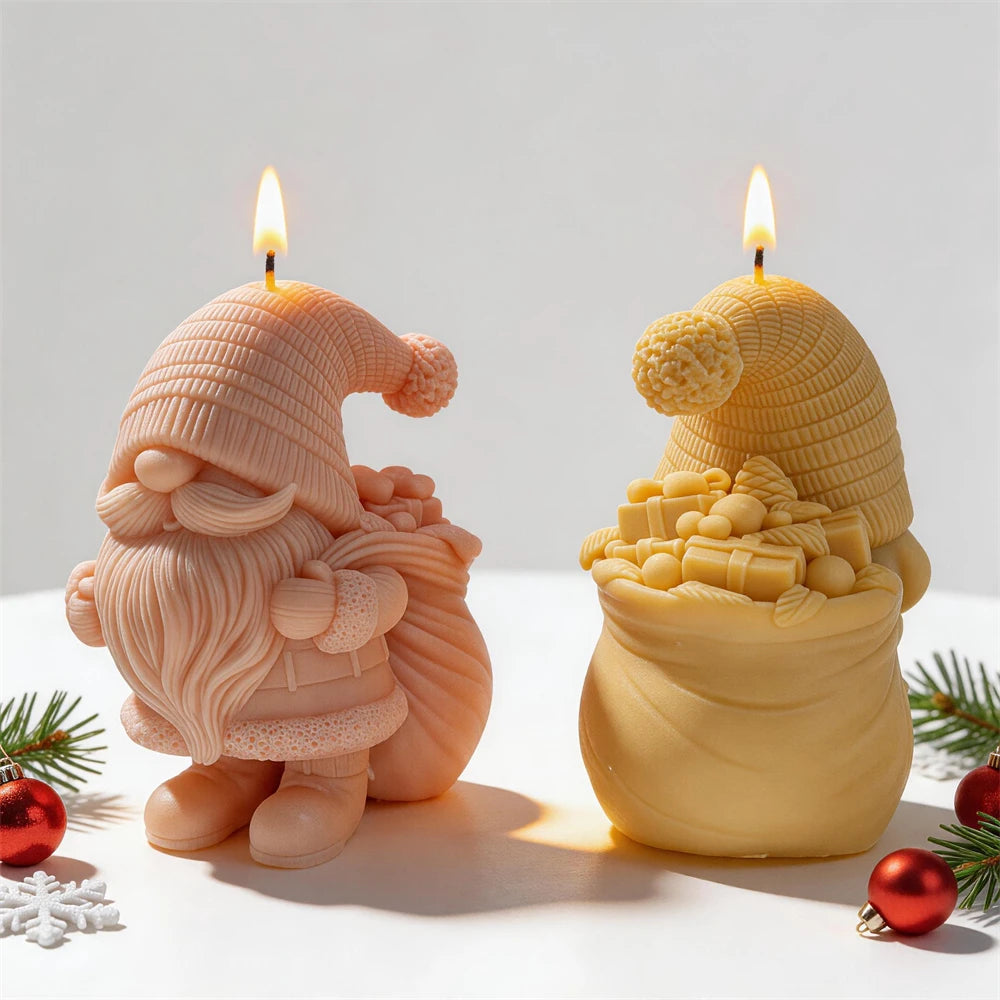 Christmas gnome candles carrying sacks filled with wrapped presents