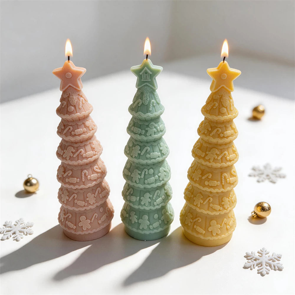 Green, pink and cream gingerbread Christmas tree candles