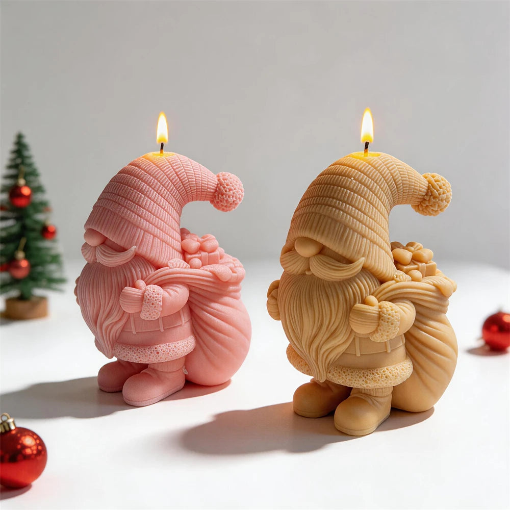 Christmas gnome candles carrying sacks filled with wrapped presents