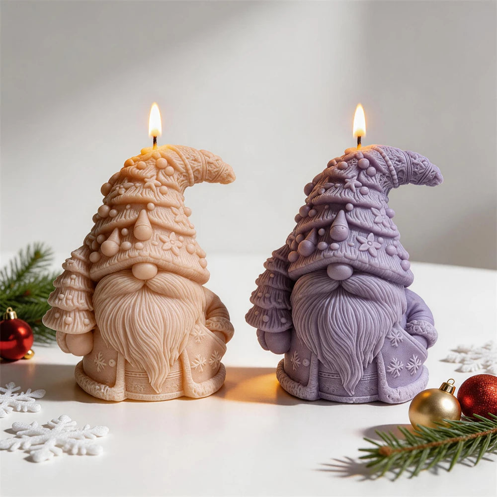 Festive gnome candle with decorated tree-shaped hat and flowing beard