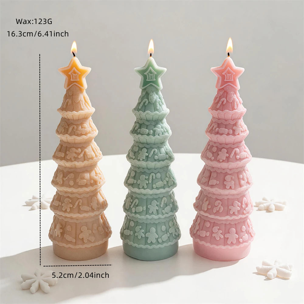 Pink silicone mold for making a festive gingerbread tree candle