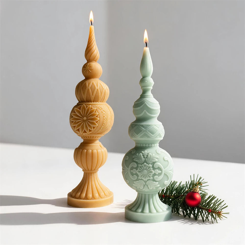 Scalloped Christmas finial candle with floral medallion details