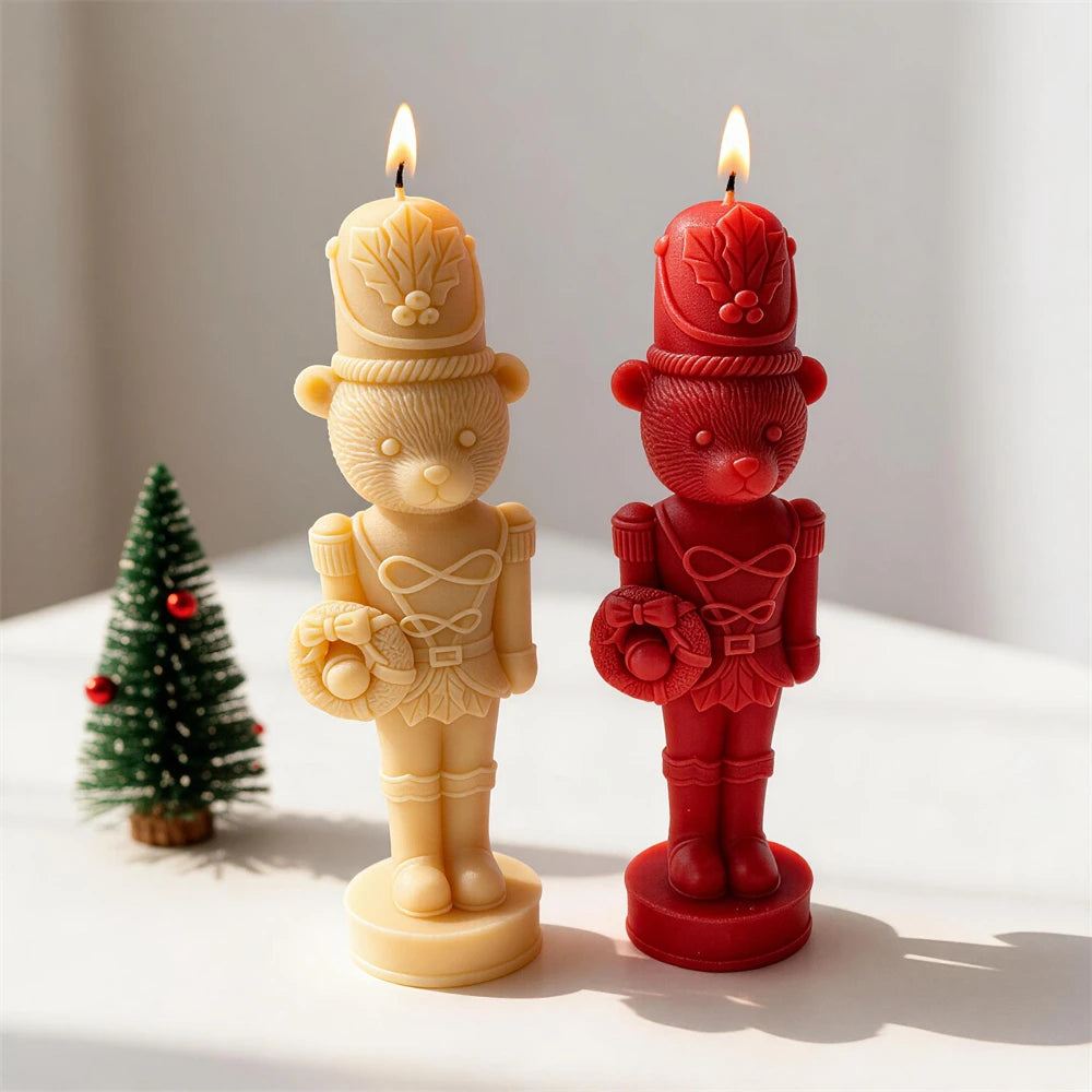 Christmas bear nutcracker candle wearing a detailed soldier uniform