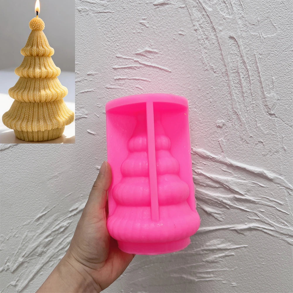 Pink silicone molds for creating knitted Christmas tree candles