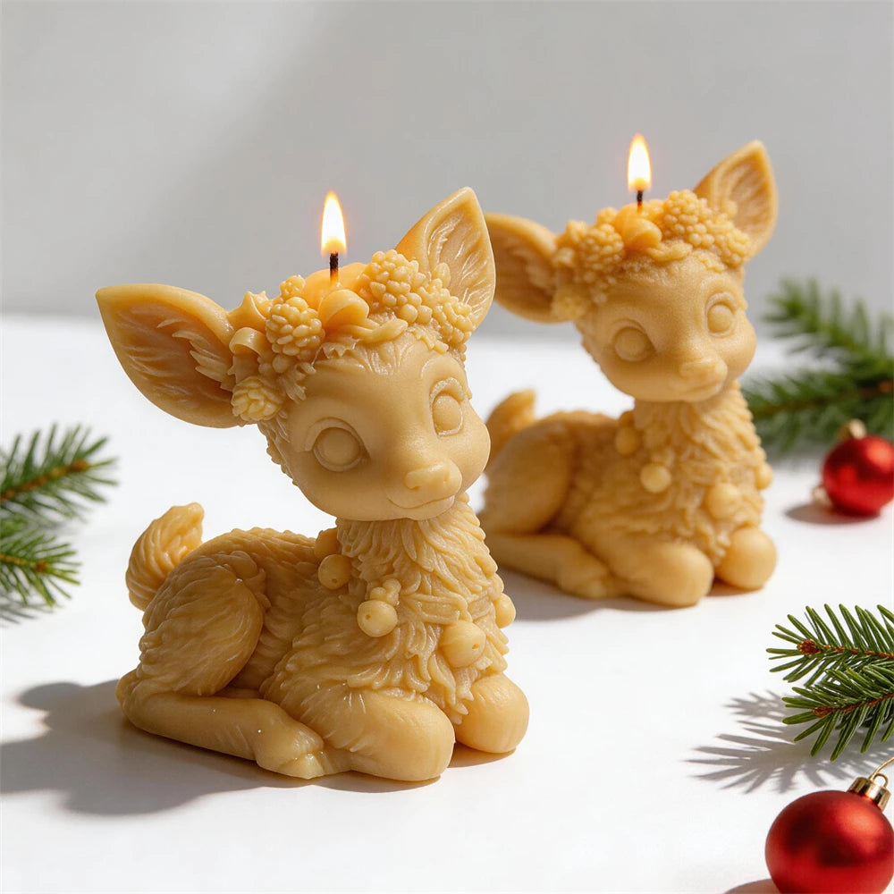 Festive woodland reindeer candles displayed with Christmas ornaments