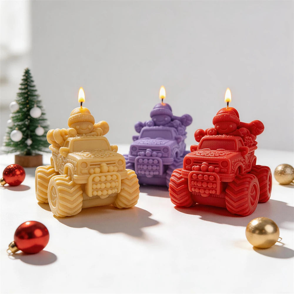 Gingerbread man Christmas car candles in cream, purple and red