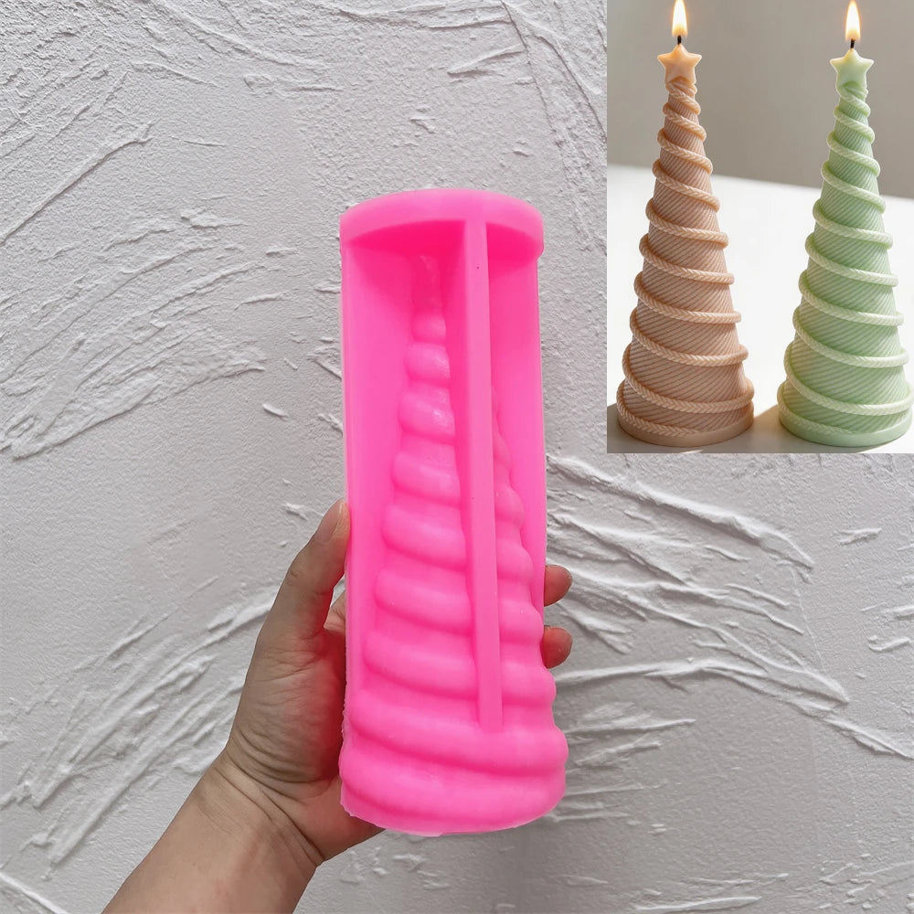 Pink silicone mold for creating a spiral rope Christmas tree candle
