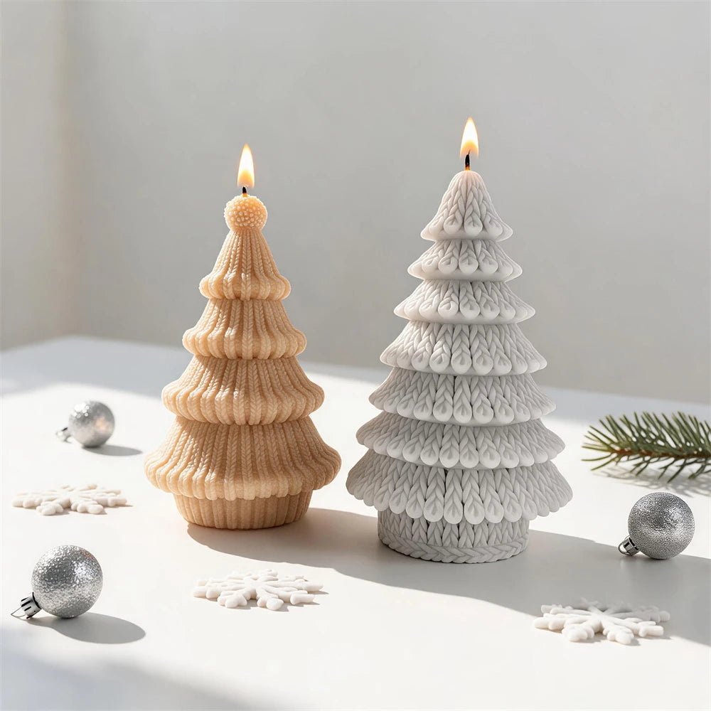 Knitted Christmas tree candles in leaf-stitch and ribbed yarn designs