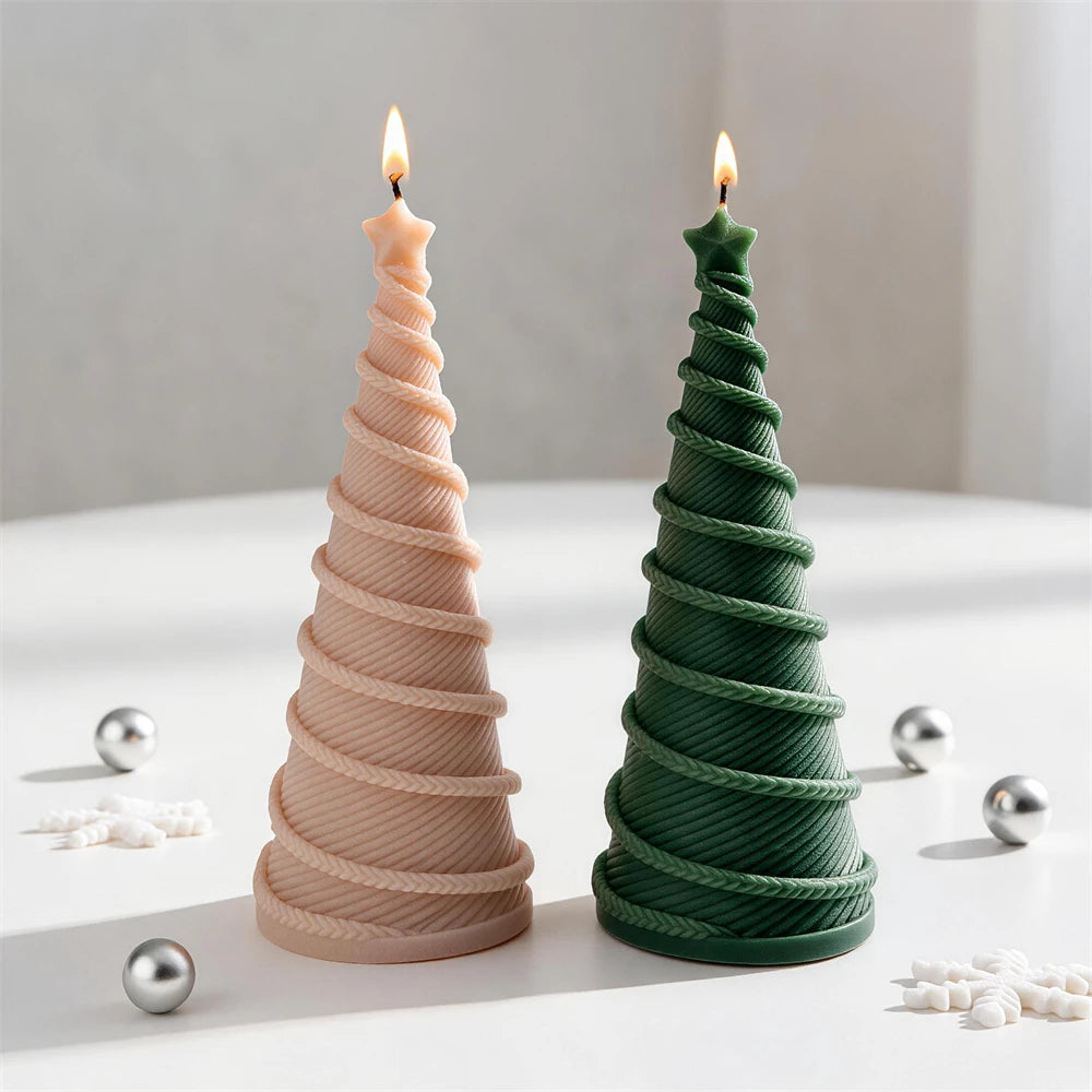 Green and neutral Christmas tree candles with woven rope texture