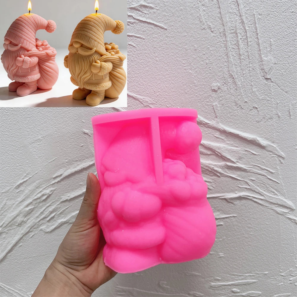 Pink silicone mold for creating a Christmas gift gnome candle