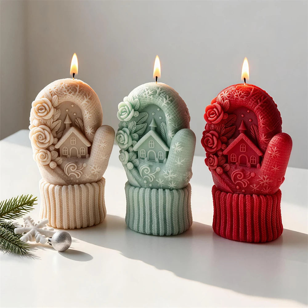 Red and green Christmas mitten candles with ribbed knitted cuffs