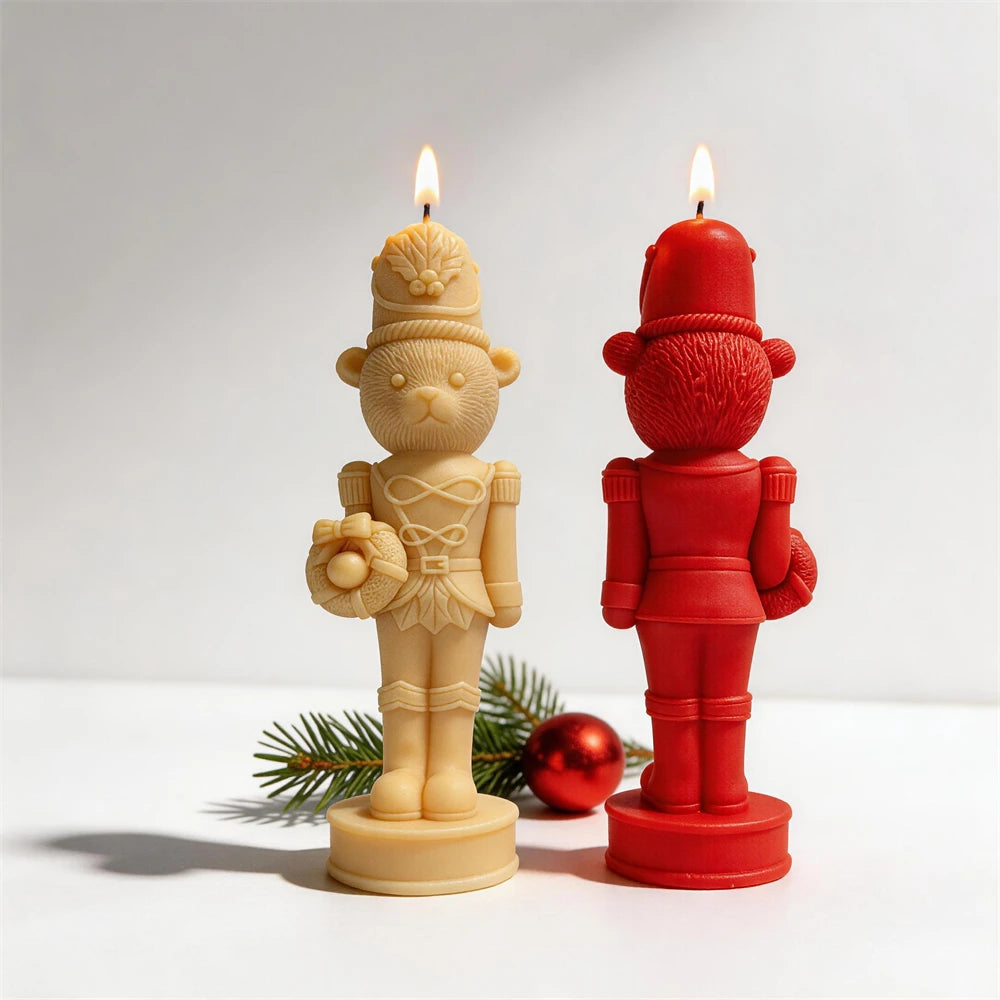 Freestanding bear soldier candles displayed with Christmas decorations