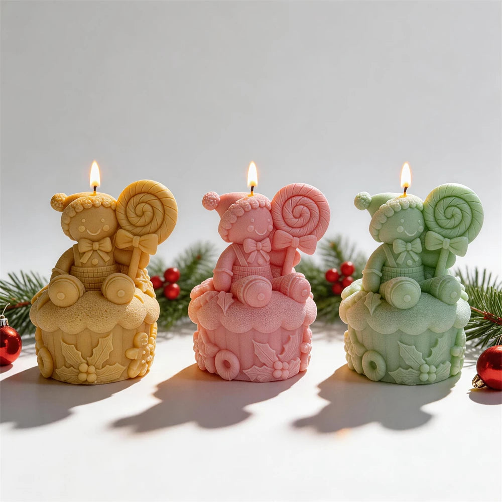 Festive gingerbread candles with candy, holly and cookie details