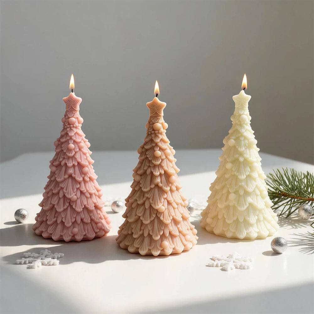 Scalloped star Christmas tree candles in cream, pink and beige