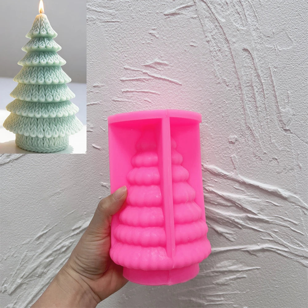 Pink silicone molds for creating knitted Christmas tree candles