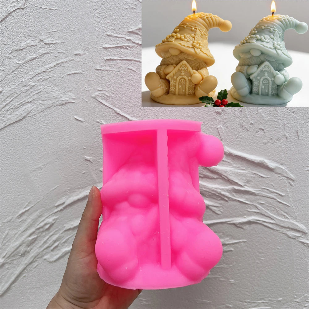 Pink silicone mold for creating a Christmas cottage gnome candle