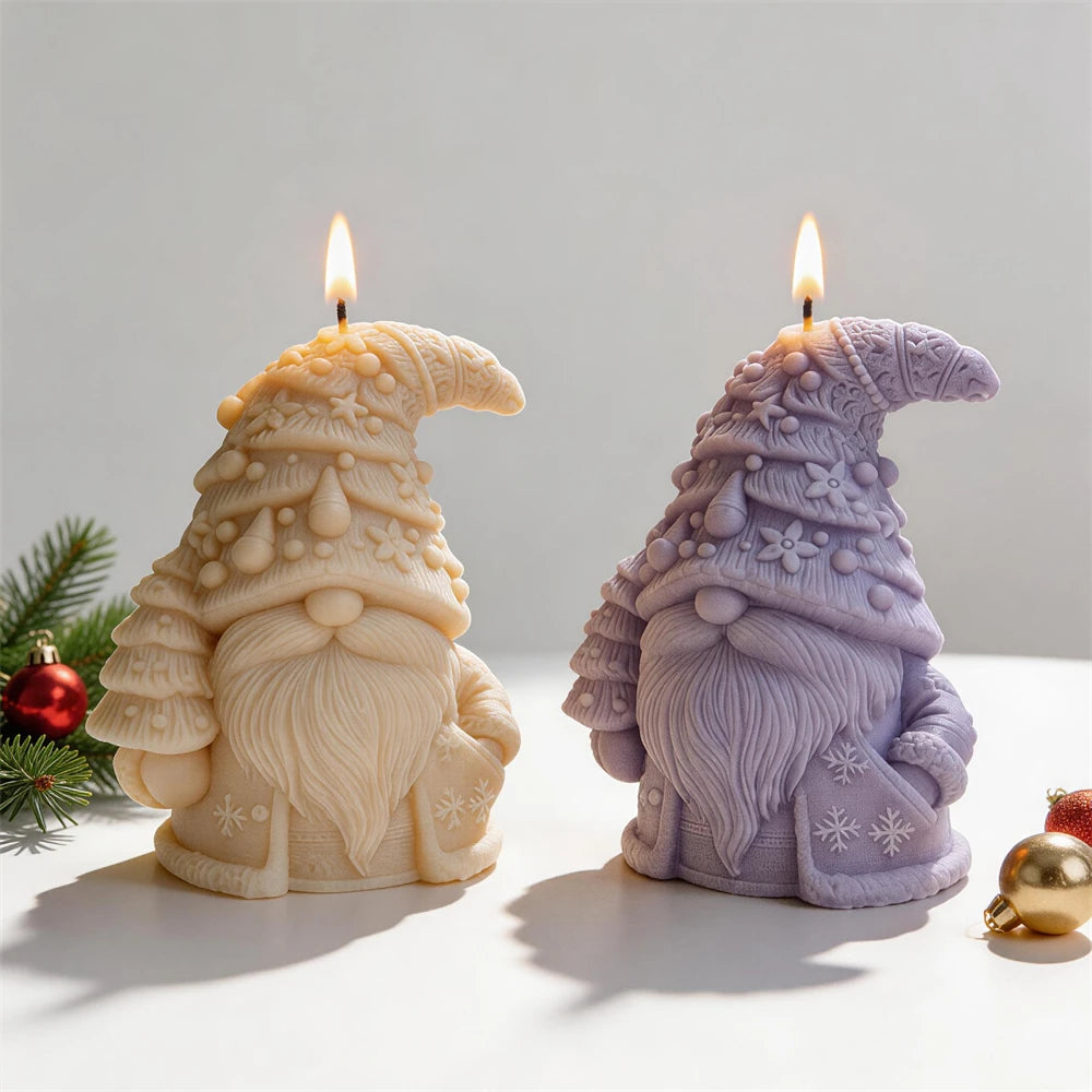 Christmas tree hat gnome candles in cream and pastel purple