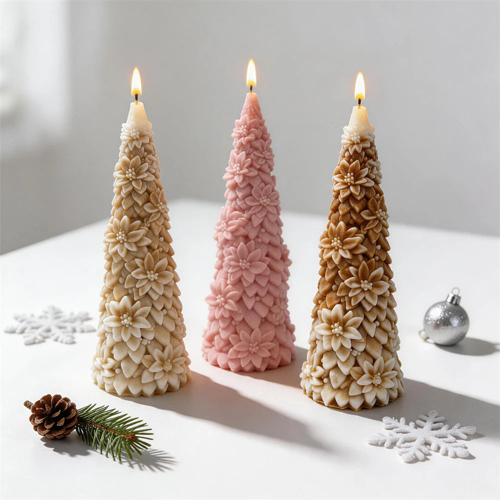Poinsettia Christmas tree candles covered with layered floral details