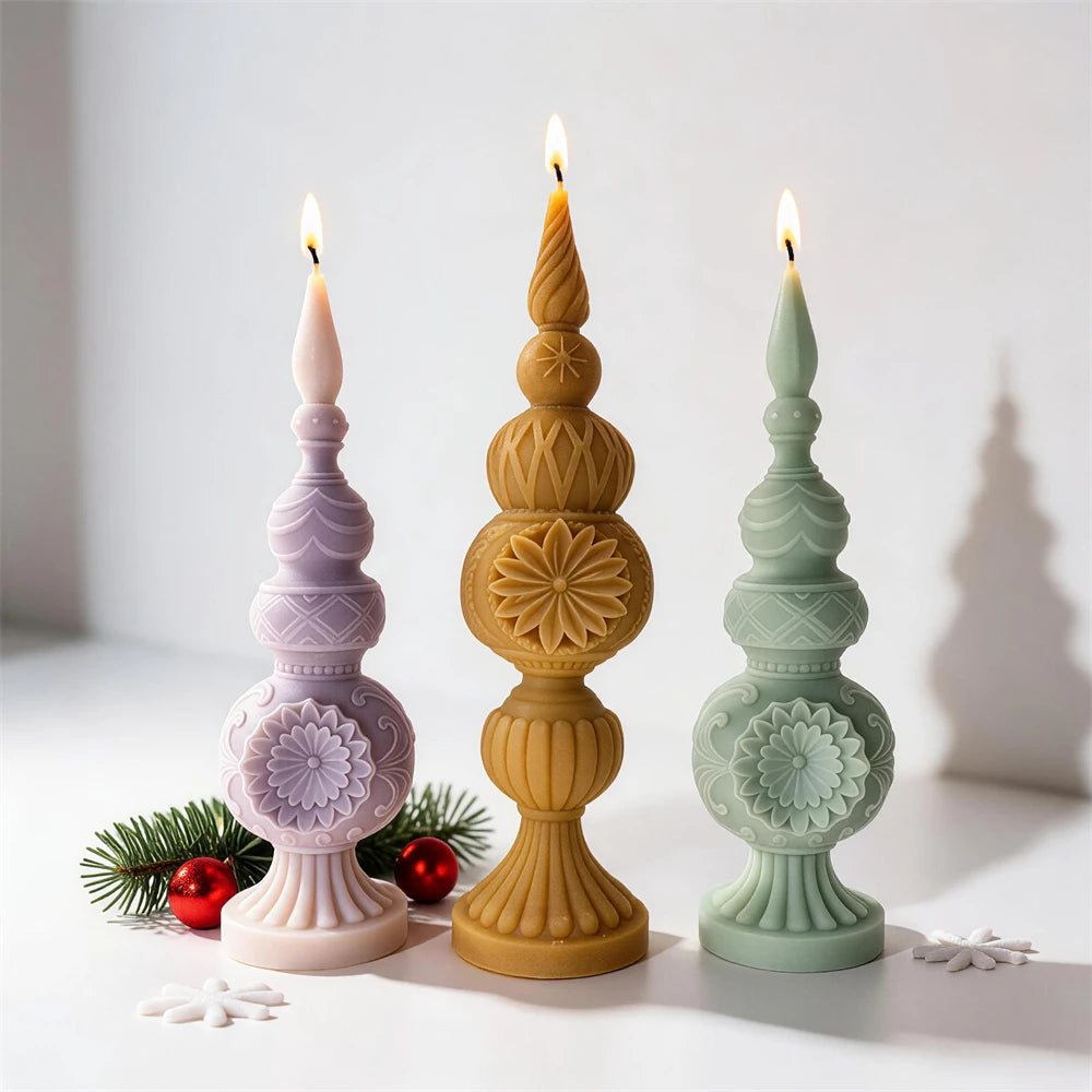 Christmas finial pillar candles in two ornate decorative designs