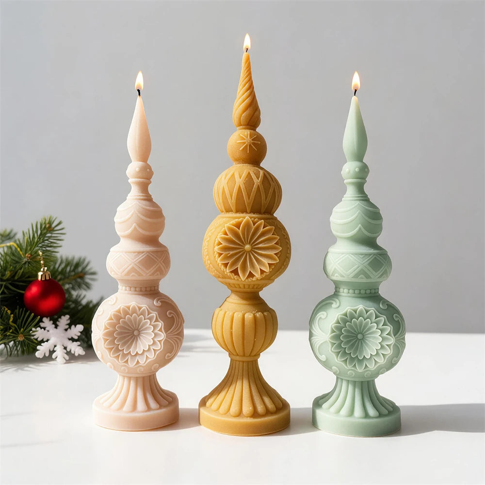 Scalloped Christmas finial candle with floral medallion details