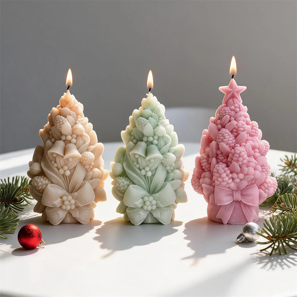 Green pink and cream pinecone Christmas tree candles for festive décor