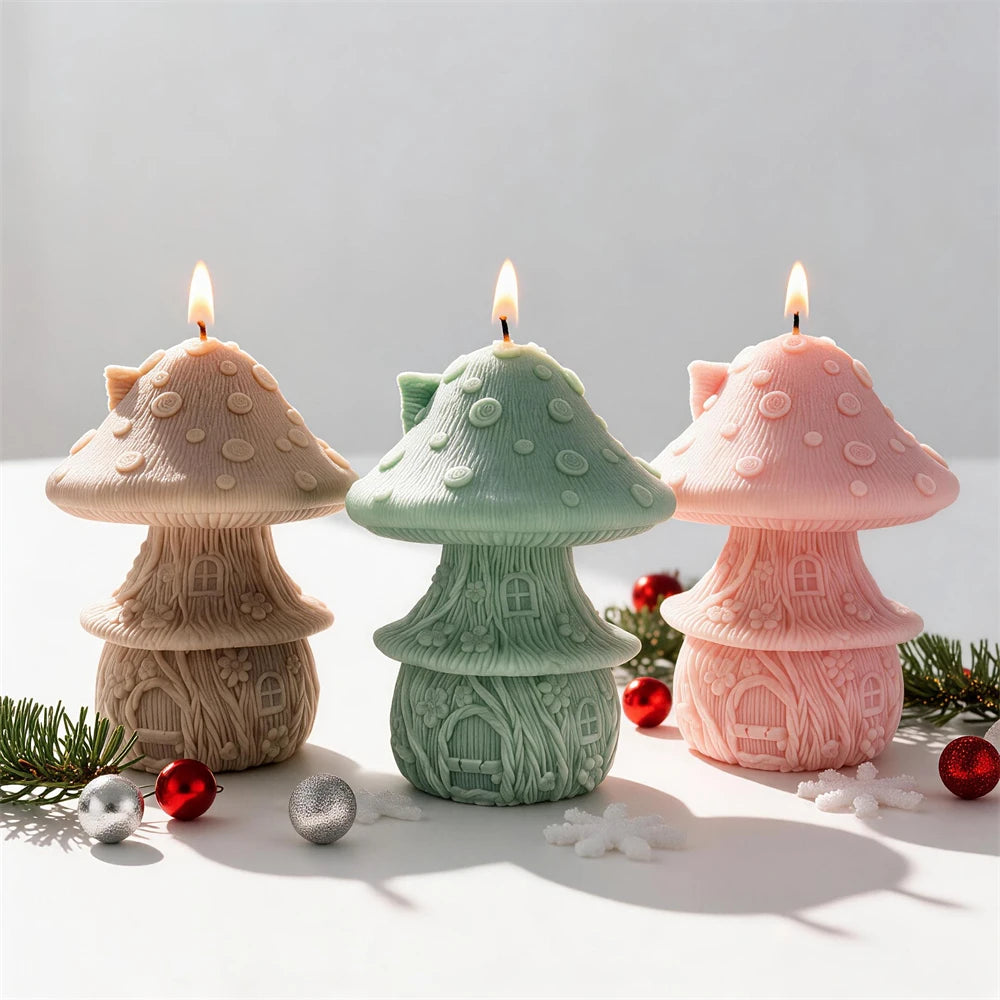 Mushroom fairy house candles with spotted caps windows and tiny cottage doors