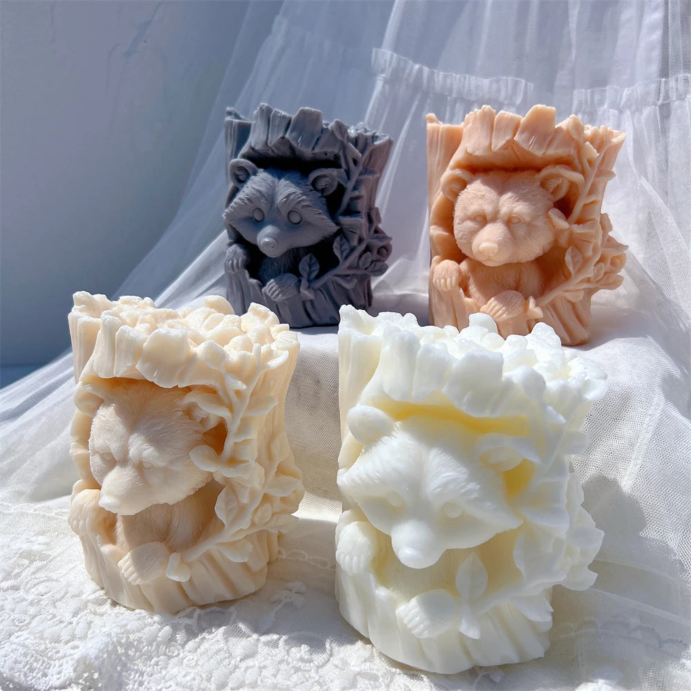 Raccoon and Bear Hiding In Tree Trunk Silicone Candle Mold