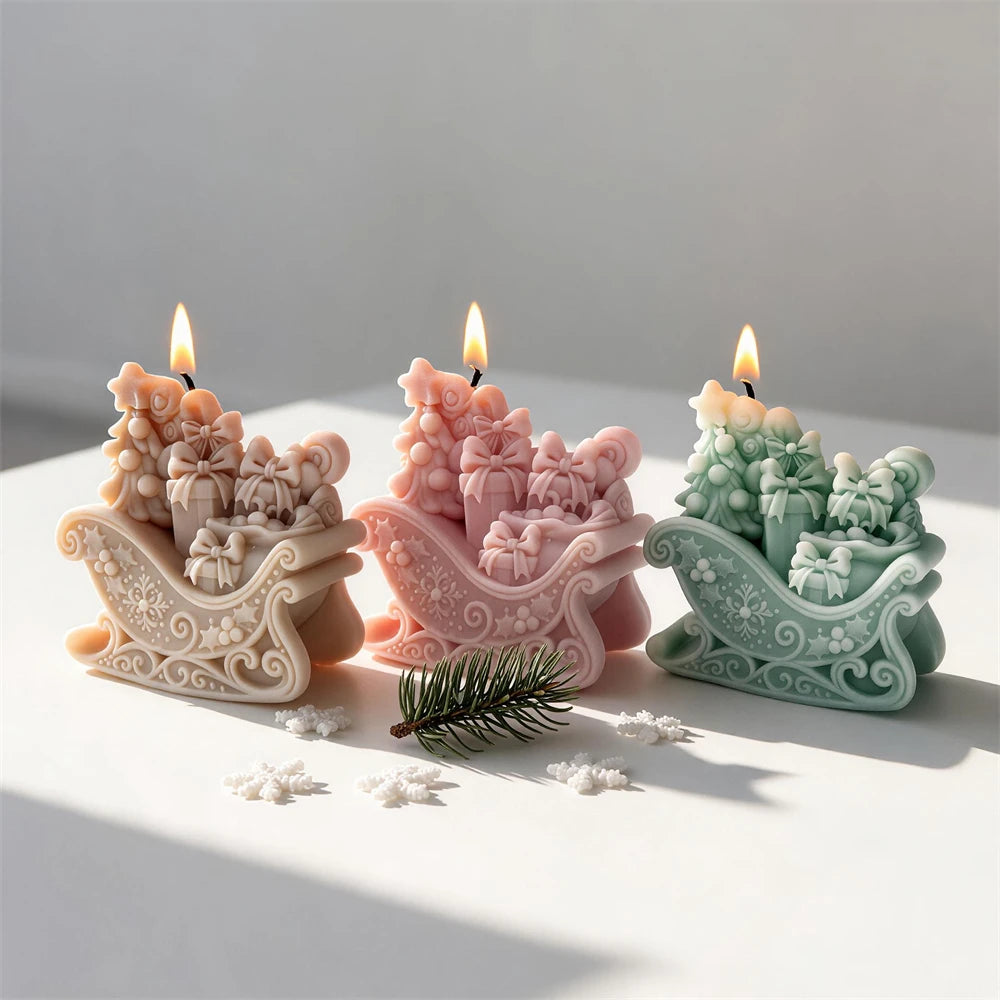 Pink sage cream and peach Christmas gift sleigh candles for festive décor