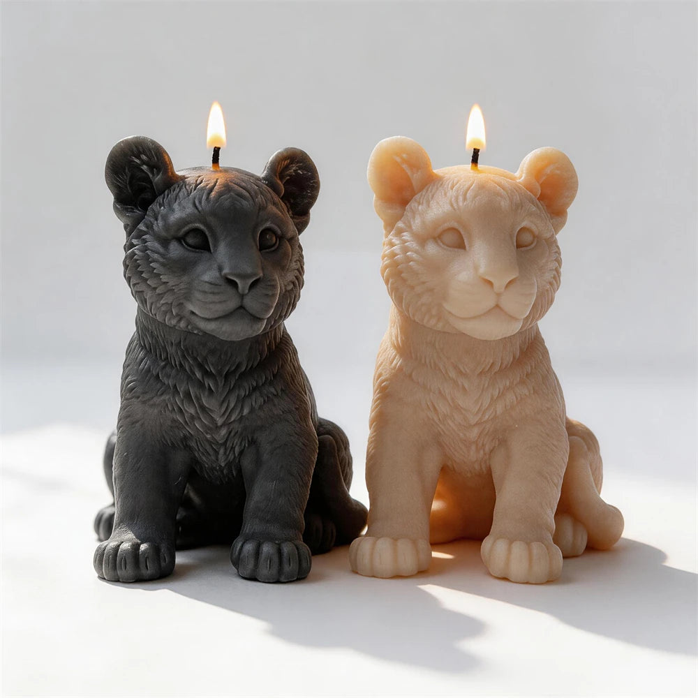 Finished tiger cub soy candle released from its silicone mold.