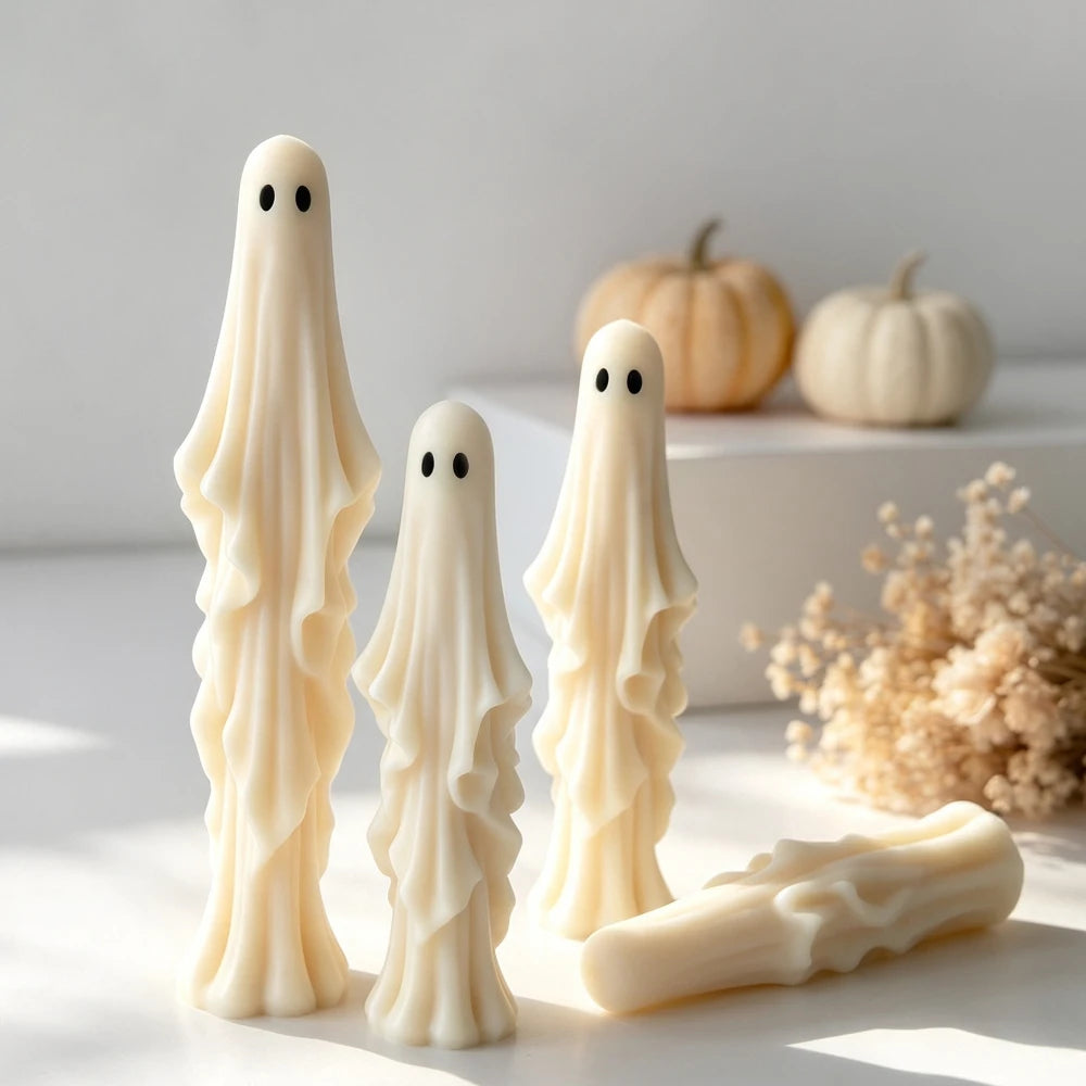 Tall draped ghost Halloween candles in two different sizes