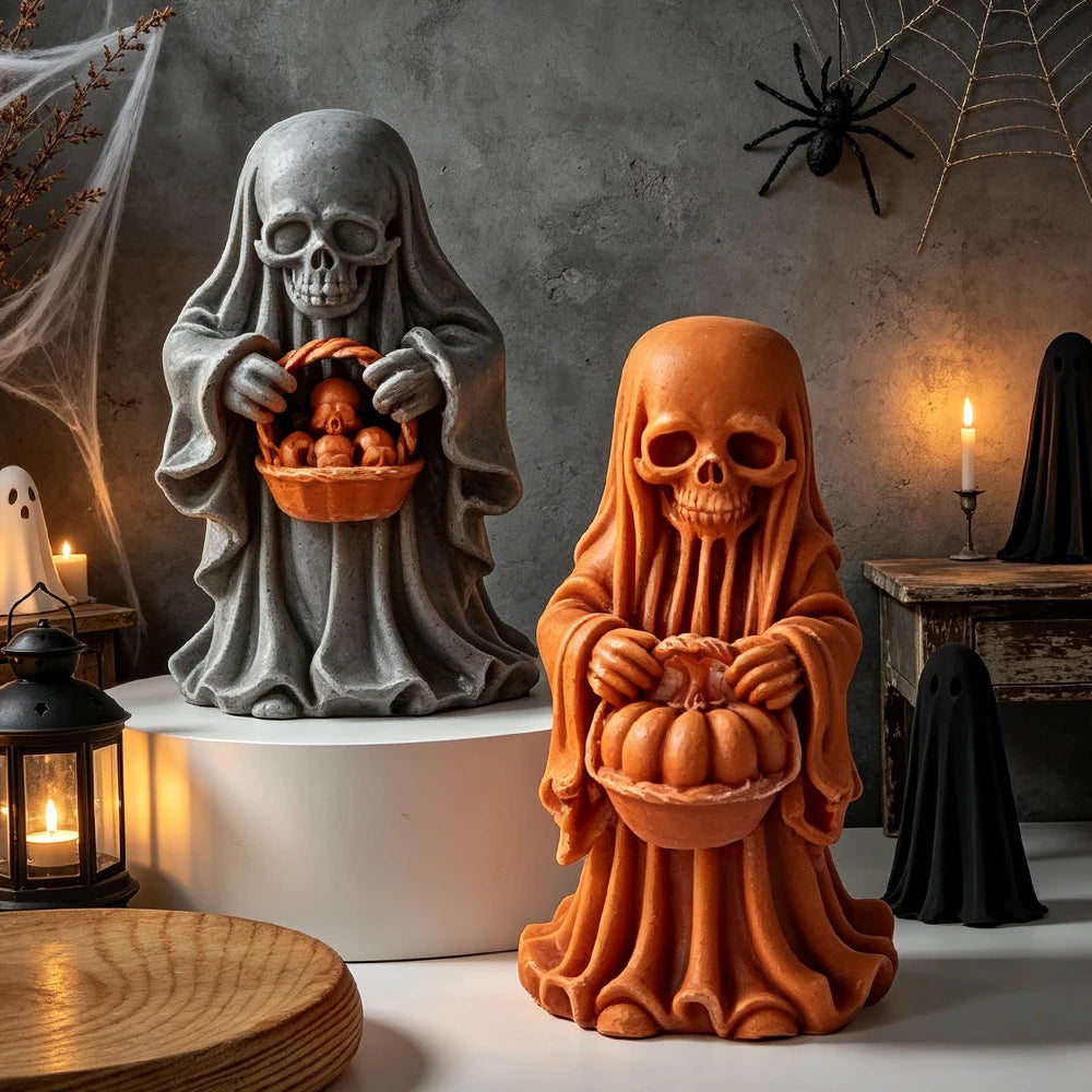 Hooded skull ghost candles with pumpkin and skull basket designs