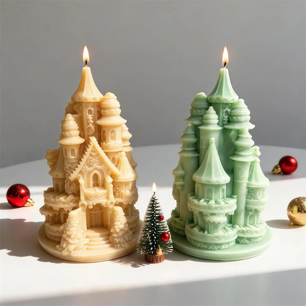 Cream sage and pastel fairytale castle candles for fantasy décor