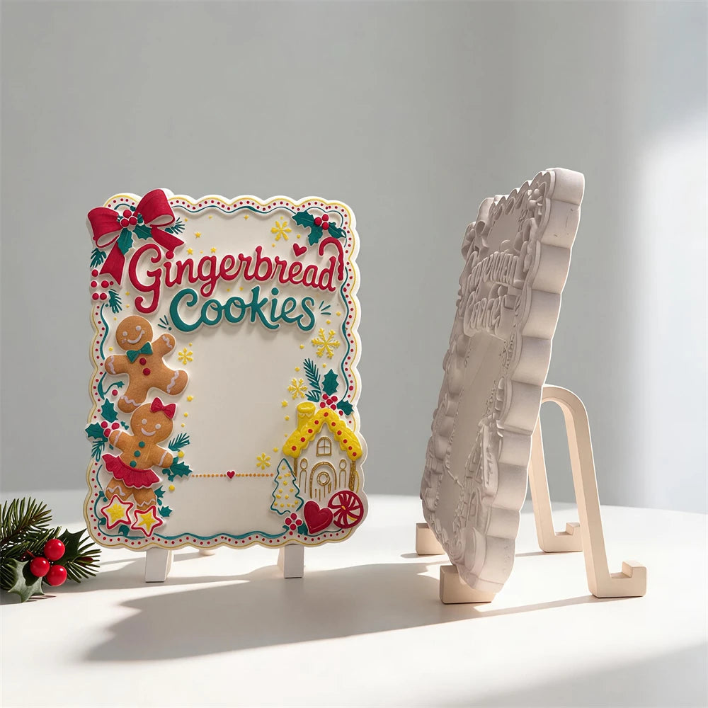 Gingerbread Christmas sign with cookie figures cottage and scalloped border