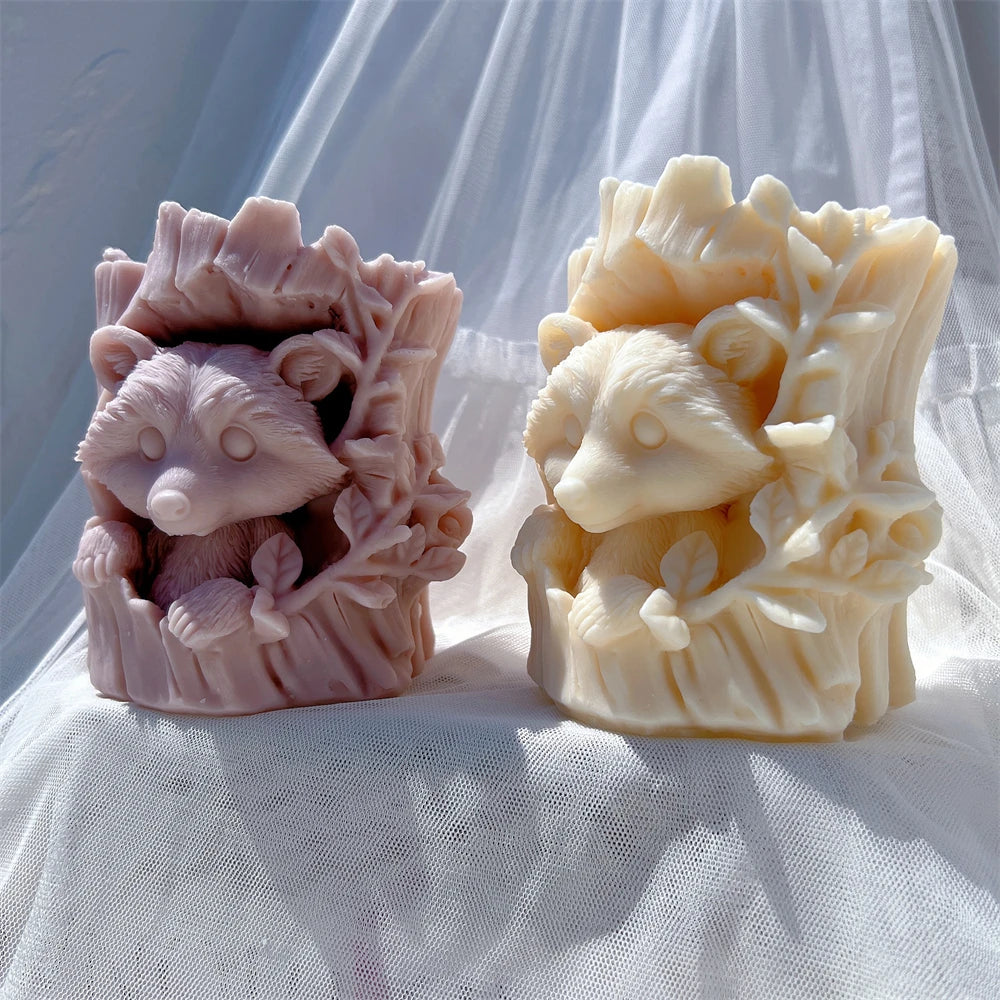 Raccoon and Bear Hiding In Tree Trunk Silicone Candle Mold