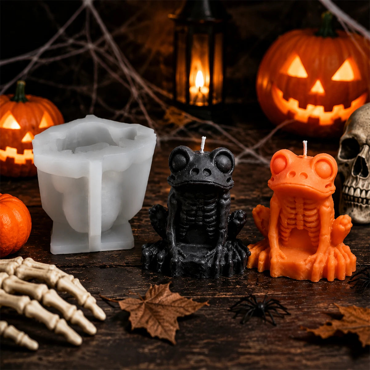 Skeleton frog Halloween candle with exposed ribs and webbed feet