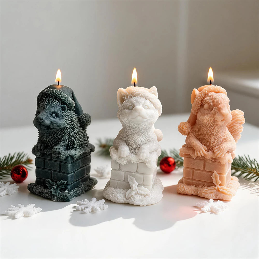 Christmas chimney animal candles with hedgehog cat and squirrel designs