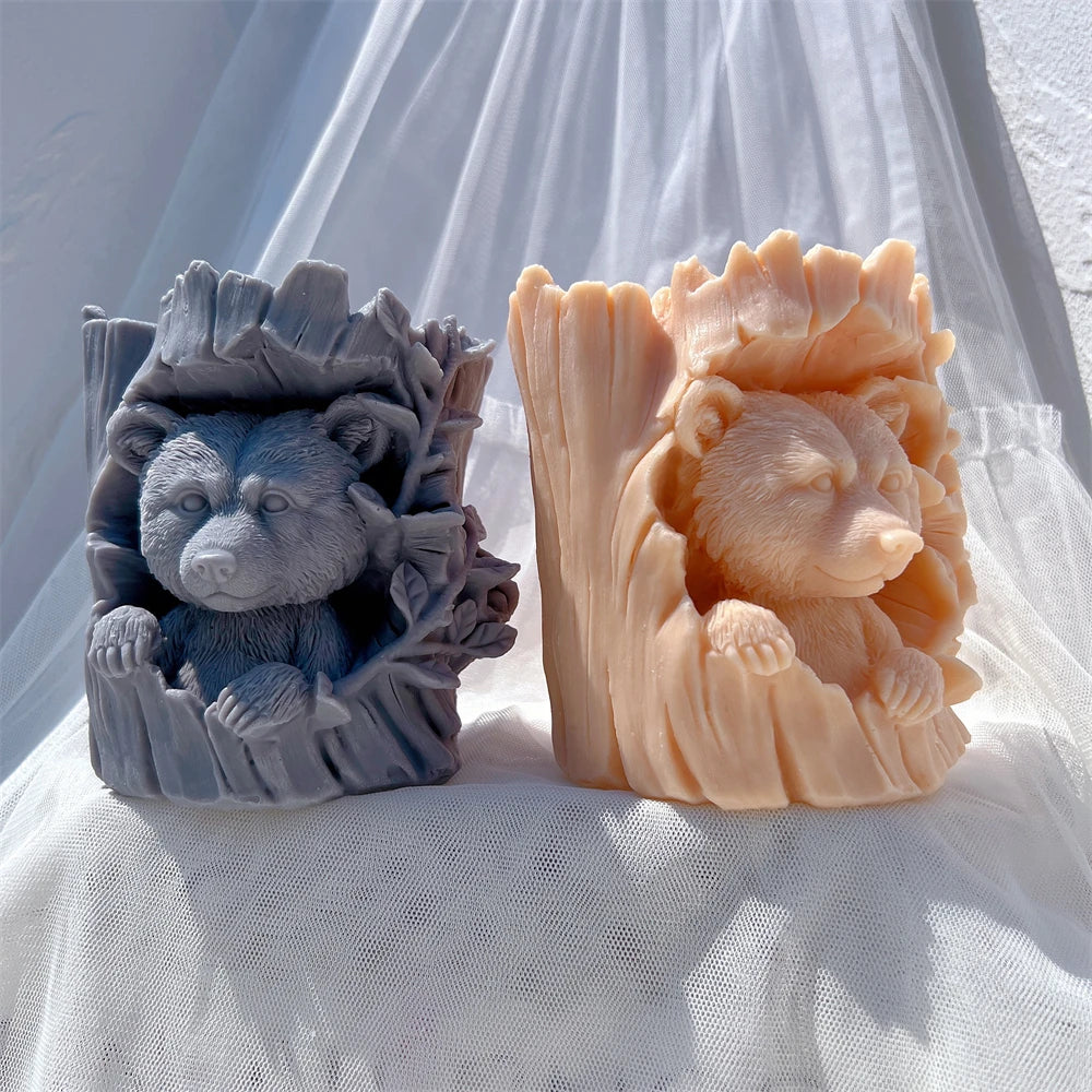 Raccoon and Bear Hiding In Tree Trunk Silicone Candle Mold