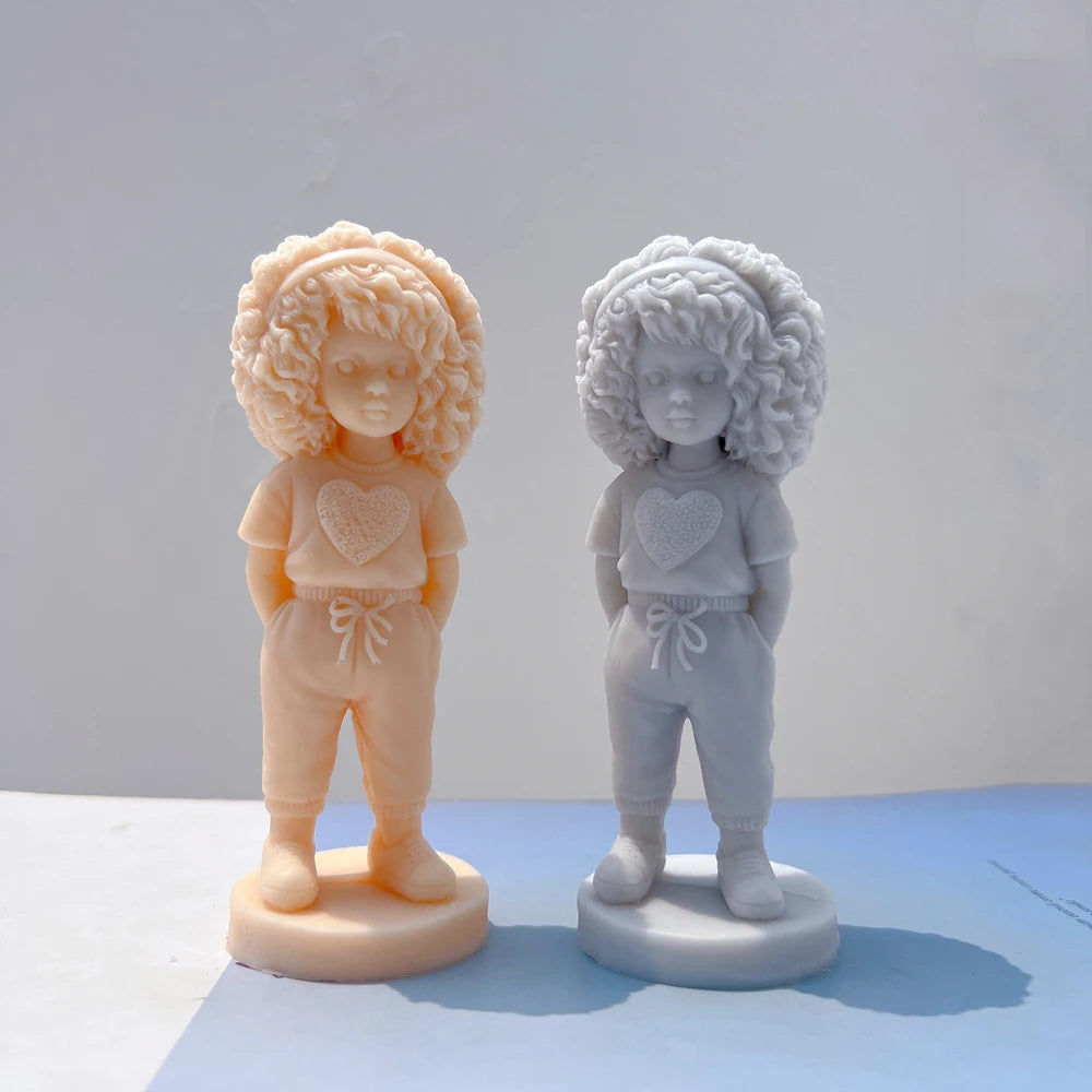 Curly Hair Girl with Heart Shirt Candle Mold
